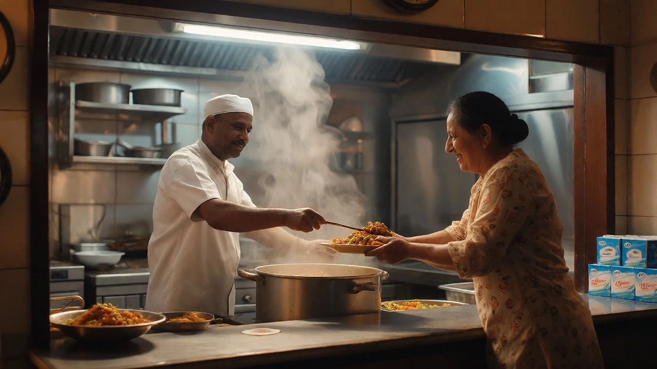 Chef serving steaming hot cooked vegetables in a clean Indian restaurant kitchen.