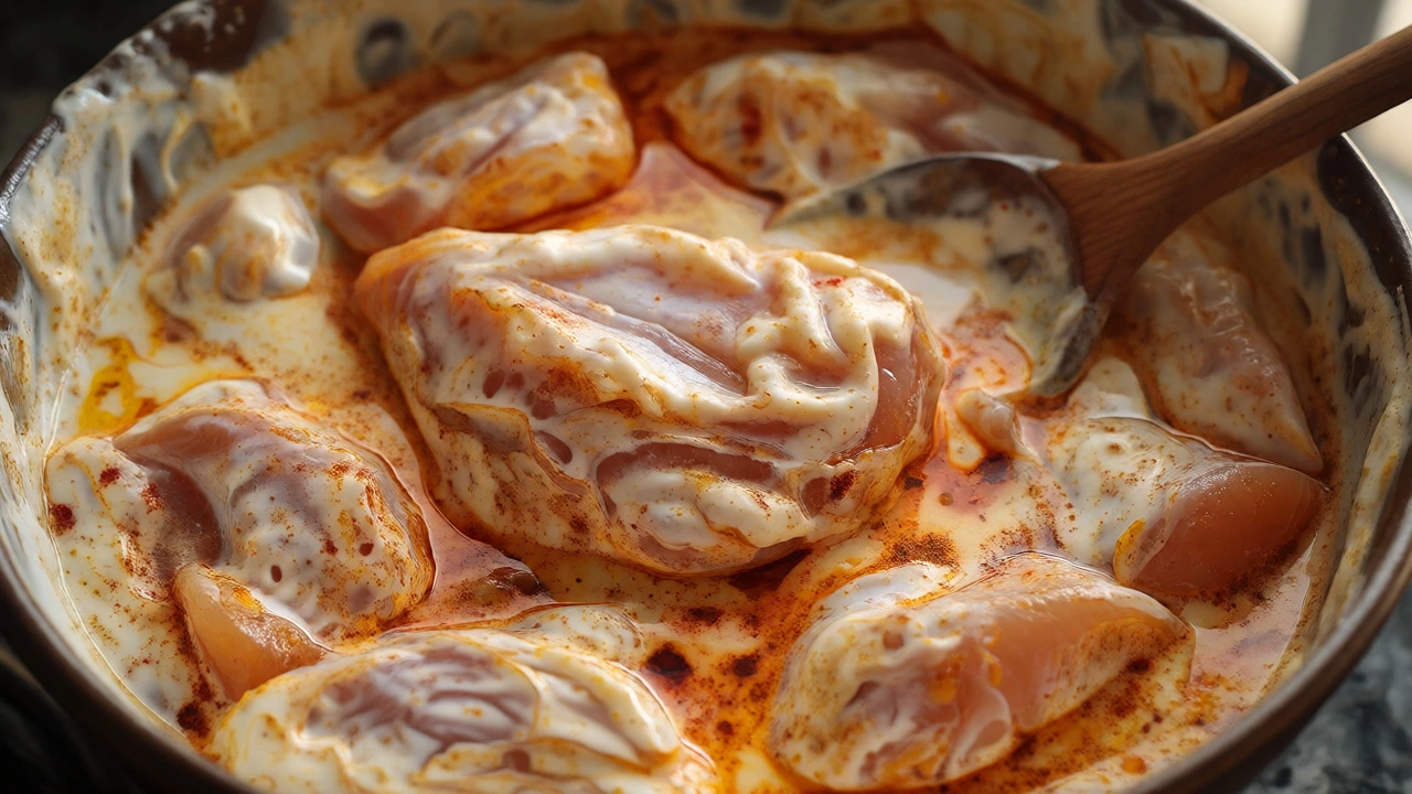 Chicken pieces marinating in a creamy yogurt and milk spice mixture