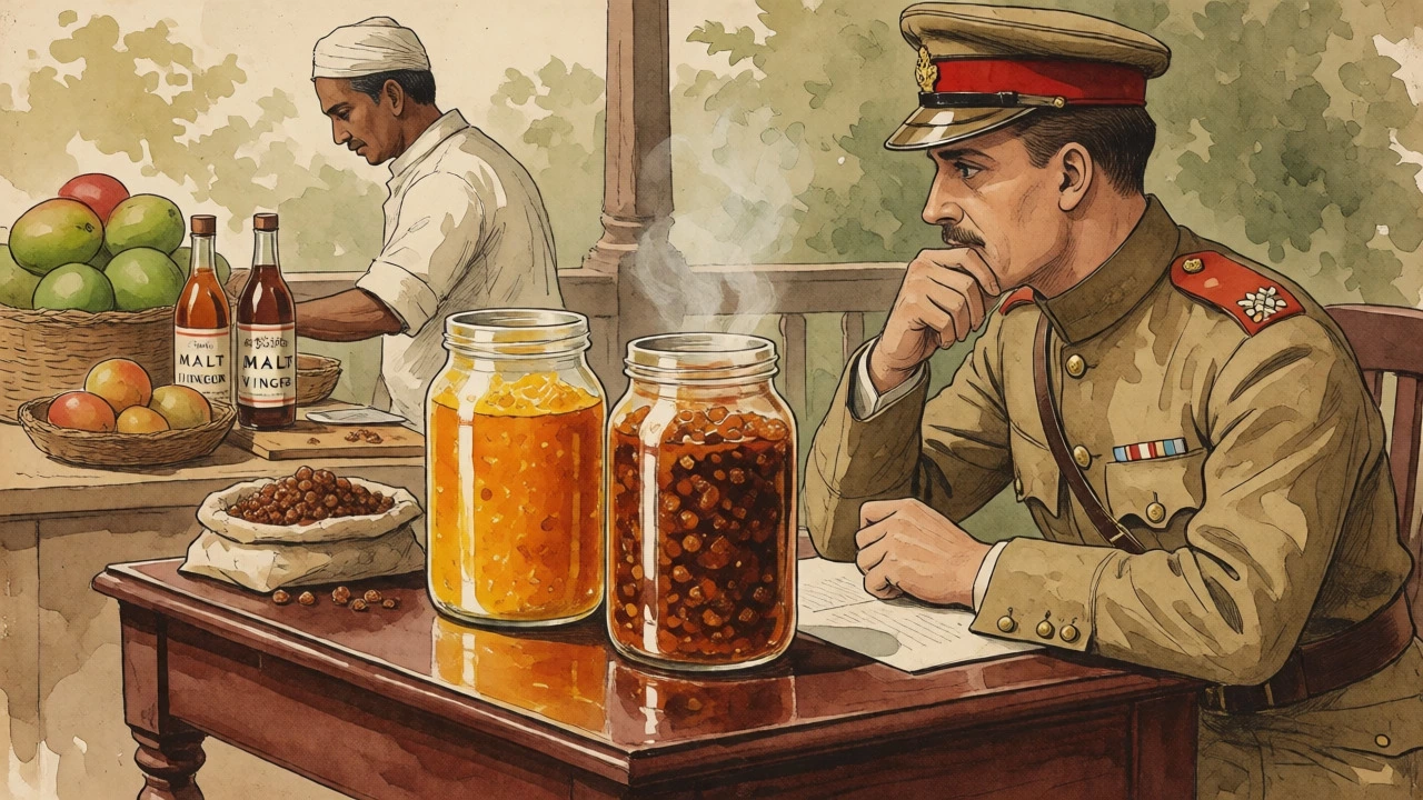 Colonial-era illustration of a British officer comparing traditional and adapted chutney styles