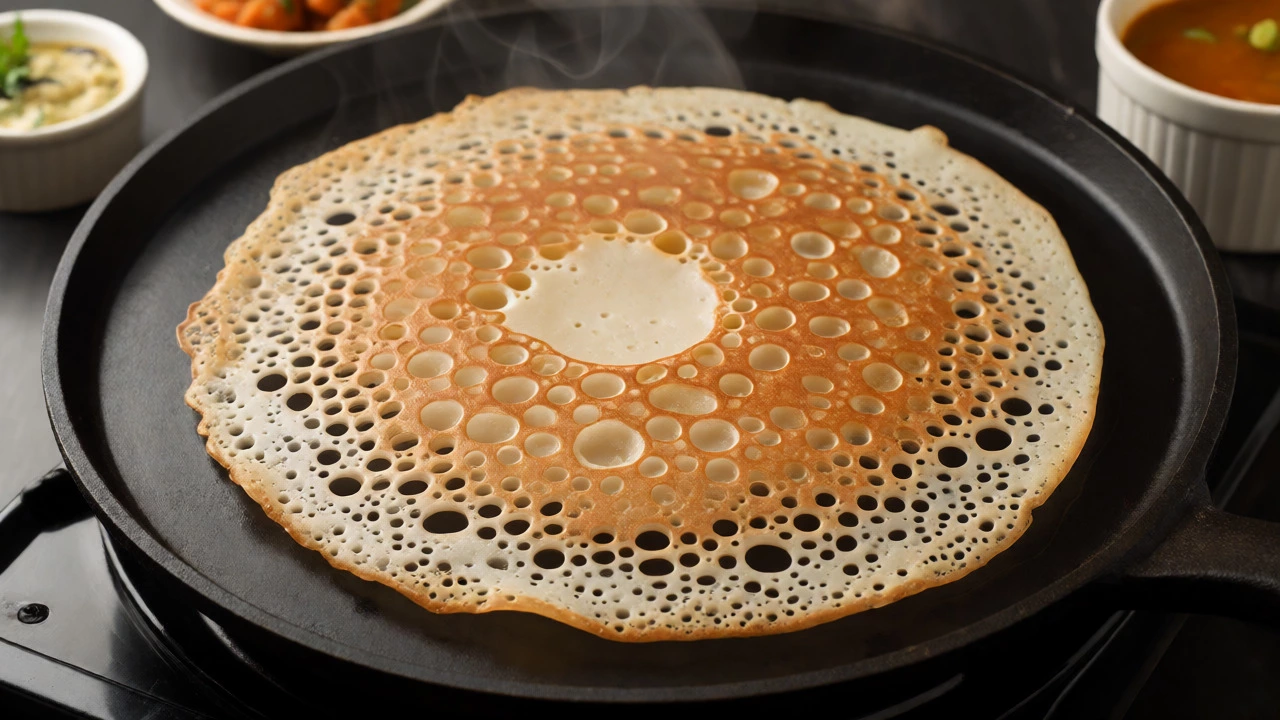 Crispy golden dosa with lacy holes cooking on a tawa