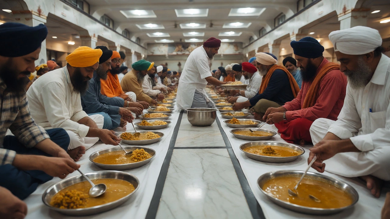 Diverse community sharing vegetarian Langar meals in a Gurdwara