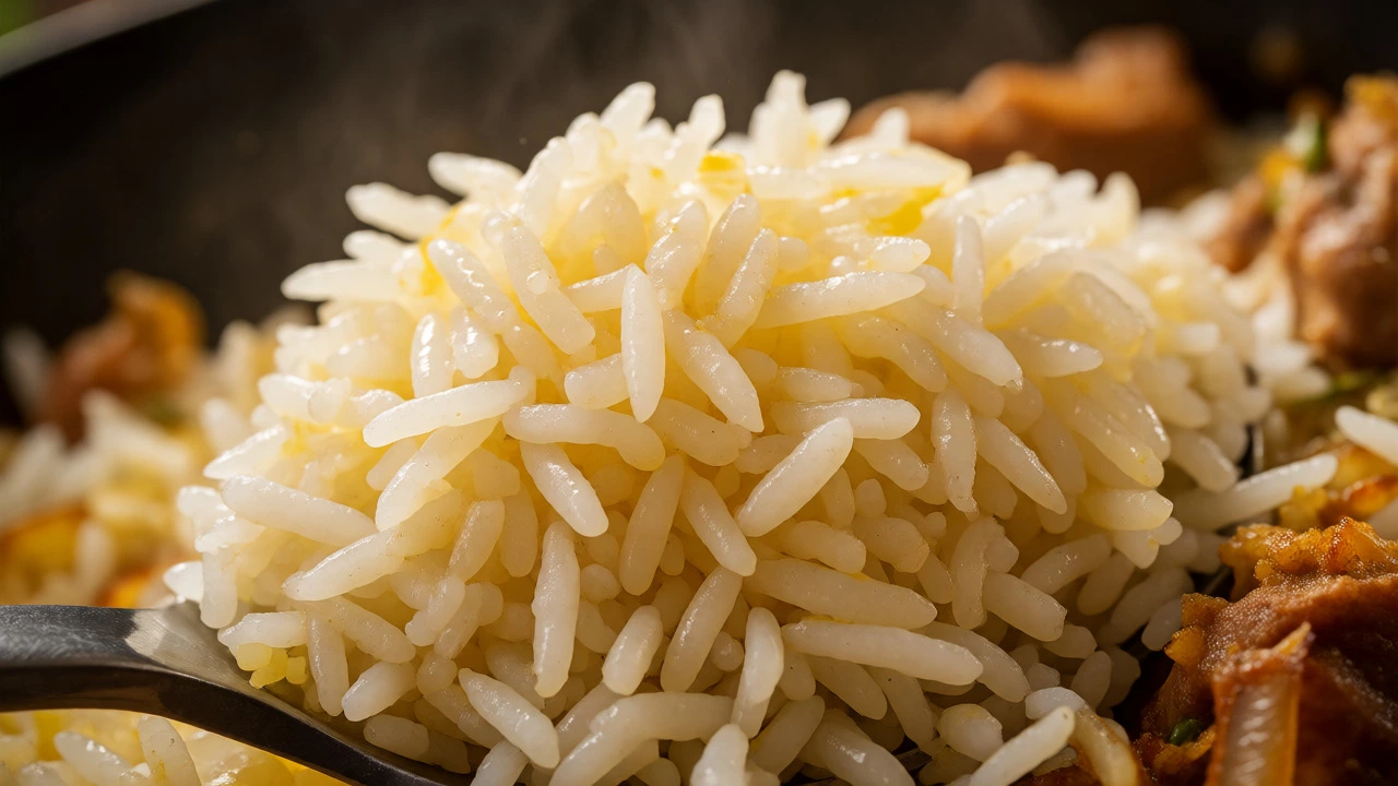 Glossy, separate biryani rice grains with steam