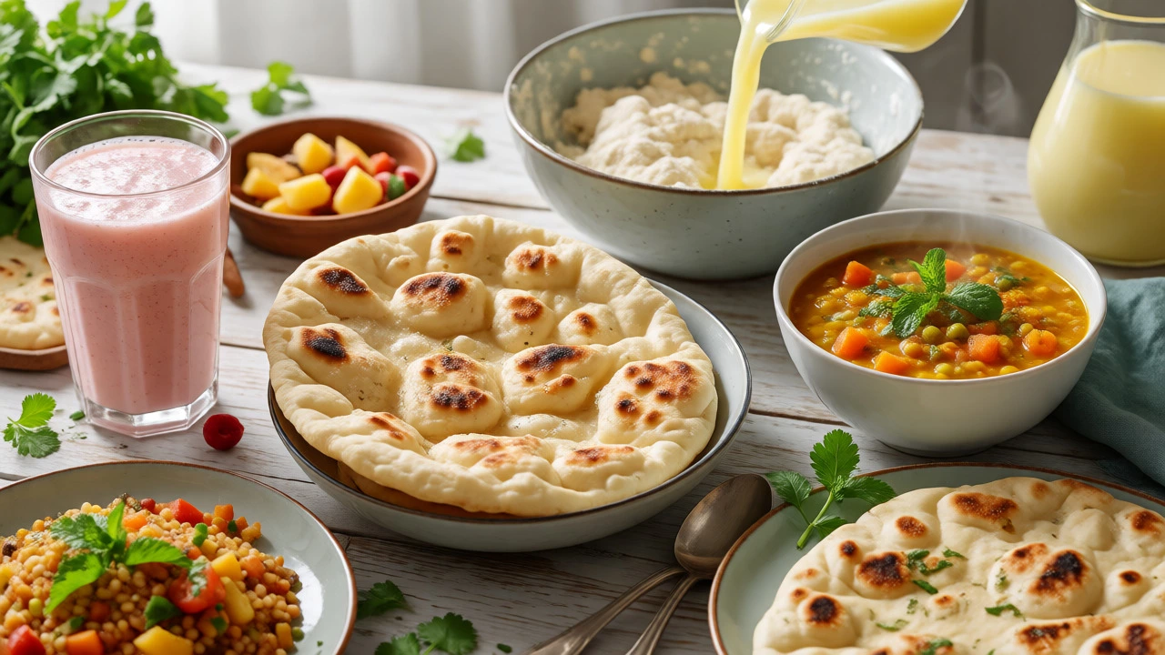 Healthy meals including naan, dal, and smoothies prepared using nutritious whey.