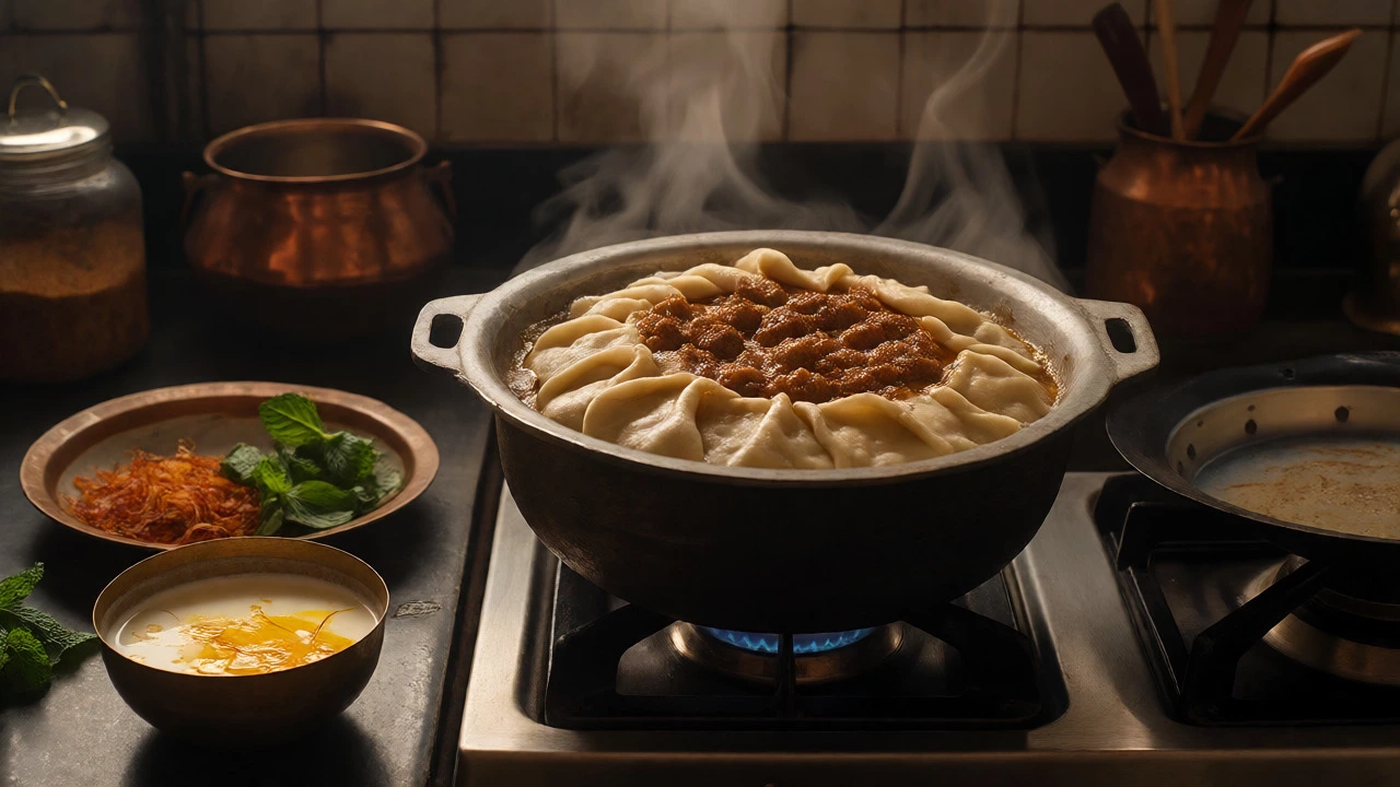 Sealed clay pot of biryani cooking on low heat with saffron milk nearby