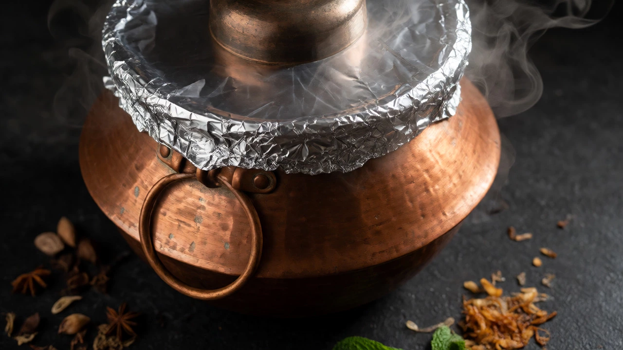 Sealed copper pot trapping steam for dum cooking