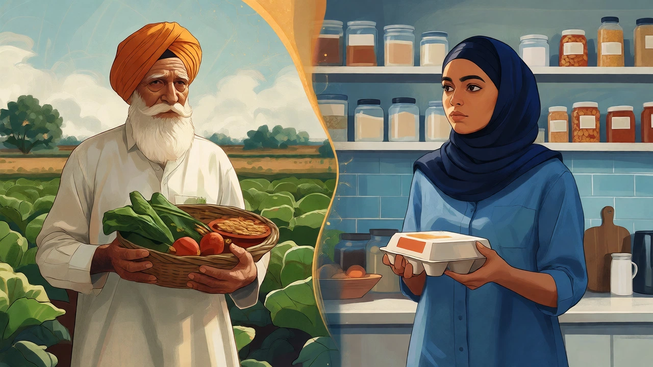Split scene showing traditional Punjabi farming and modern urban Sikh life
