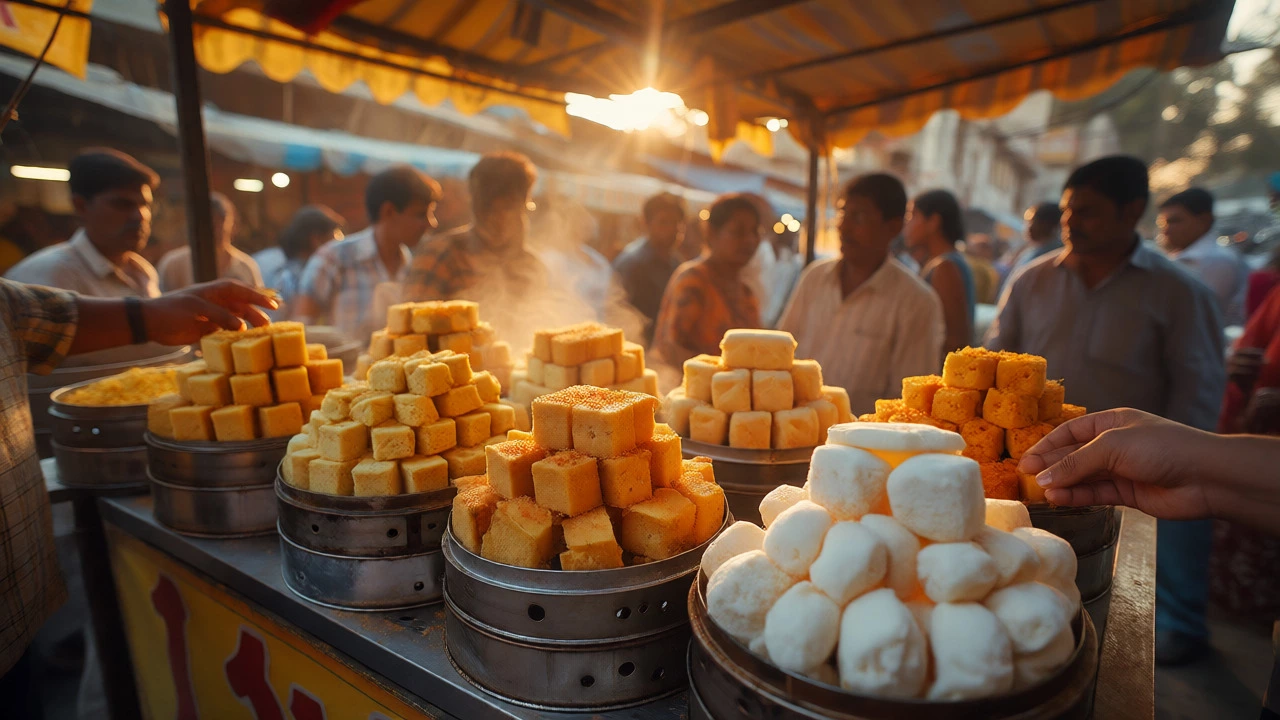 Steaming stacks of Gujarati vegetarian snacks like Dhokla at a busy market stall in Ahmedabad
