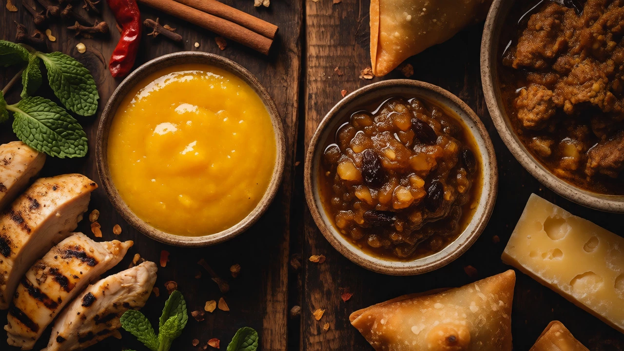 Top-down view contrasting mild mango chutney with chicken against spicy Major Grey's with lamb