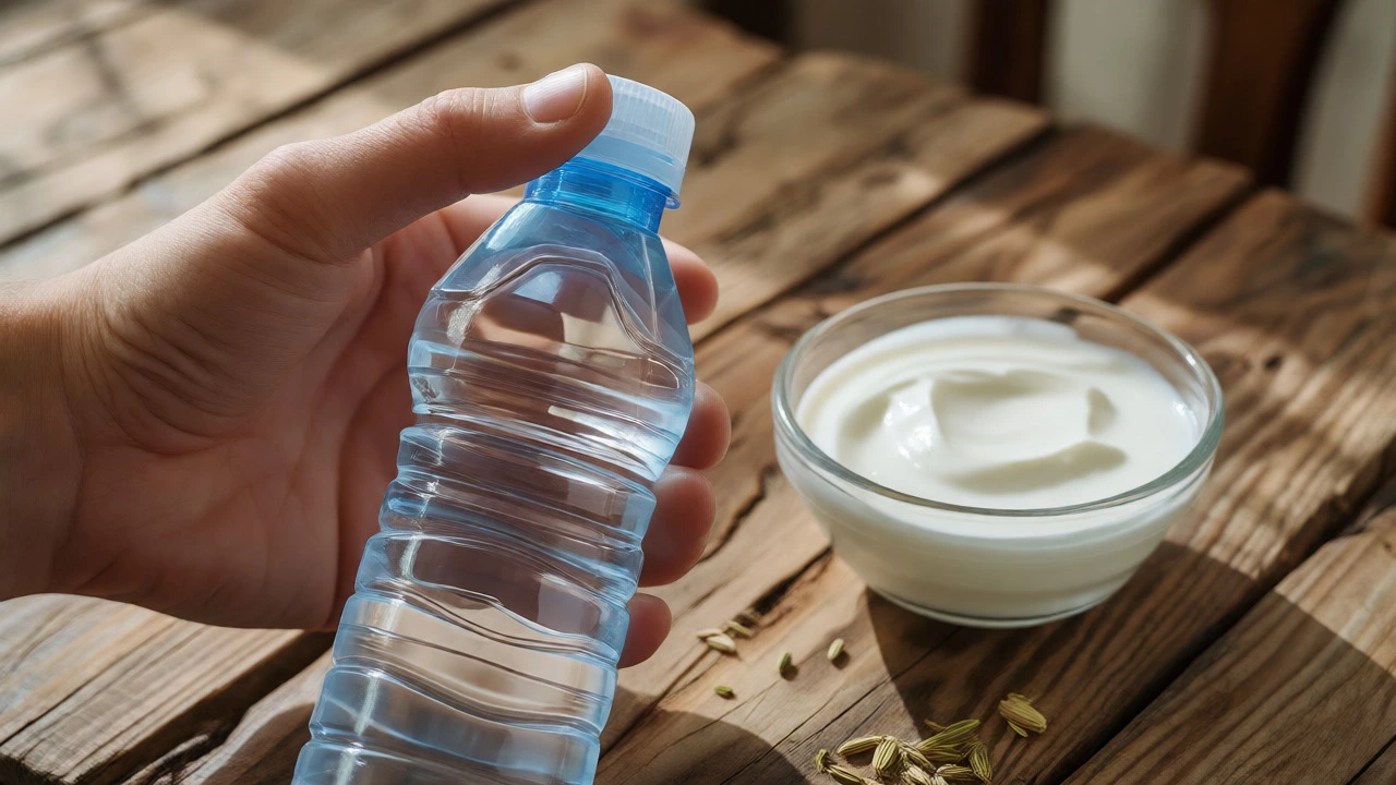 Traveler checking a sealed water bottle next to fresh yogurt and fennel seeds.