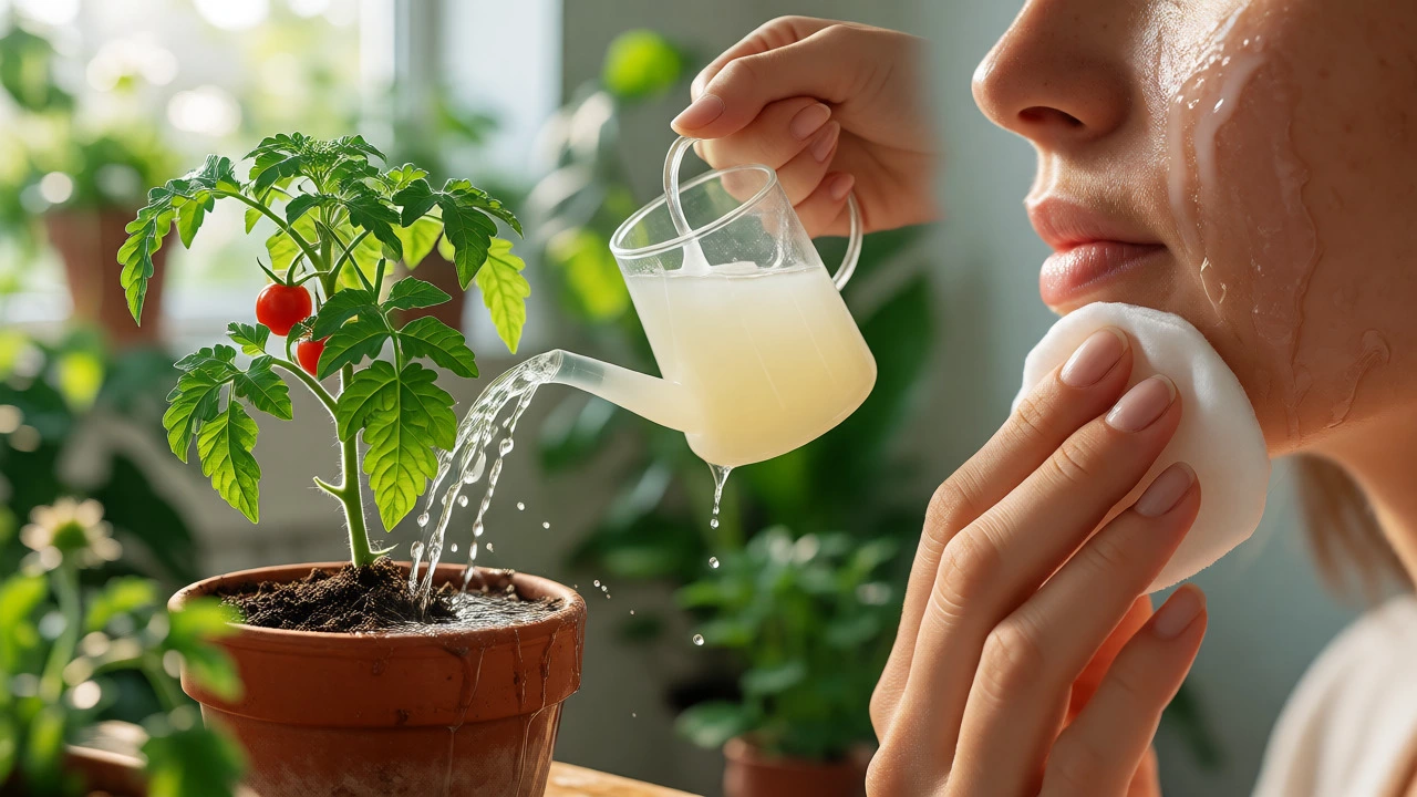 Using whey for watering plants and as a natural facial toner in a bright home setting.