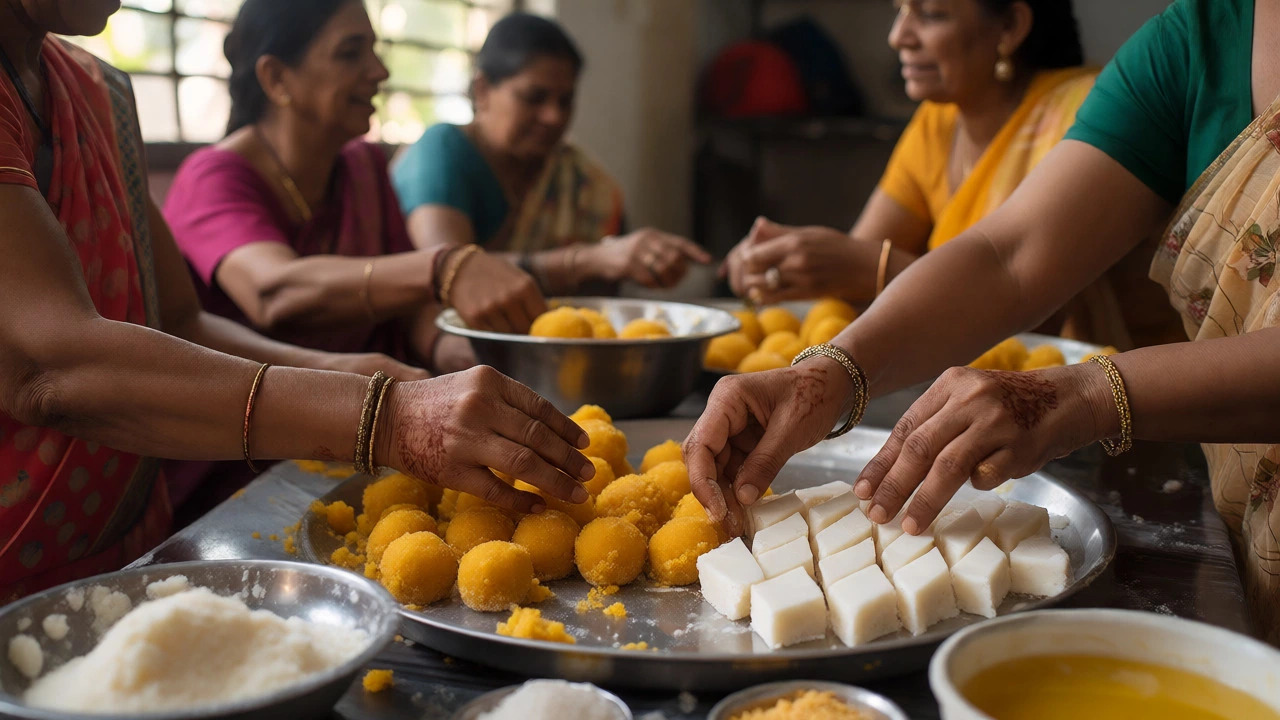 Women's hands preparing traditional Indian sweets like Laddoo and Barfi in a kitchen.