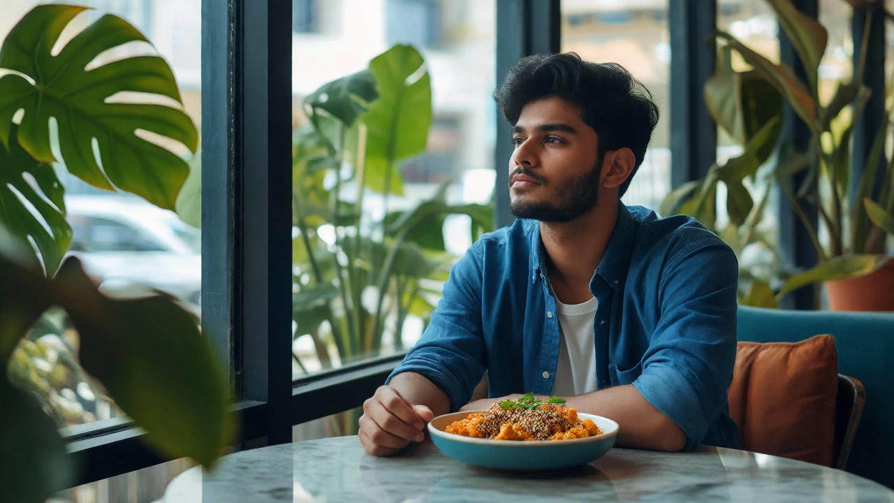 Young professional eating a modern vegan meal in a bright Bangalore cafe surrounded by plants